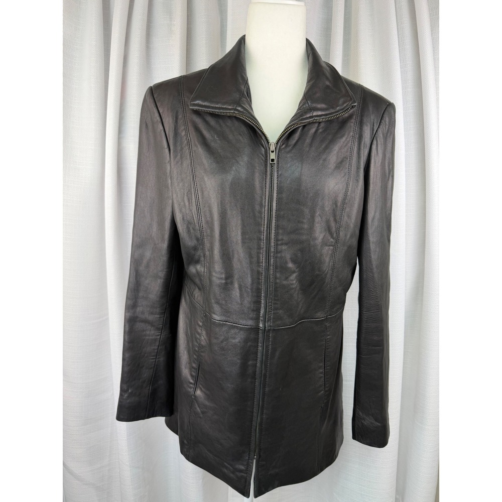 Boston Harbour Womens Black Genuine Leather Zip Up Jacket Coat Sz M Imperfection